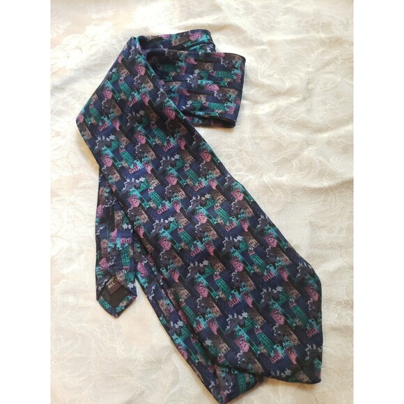 Museum Artifacts All Silk Tie Buildings Abstract Blue Purple Green Handmade - Picture 2 of 8